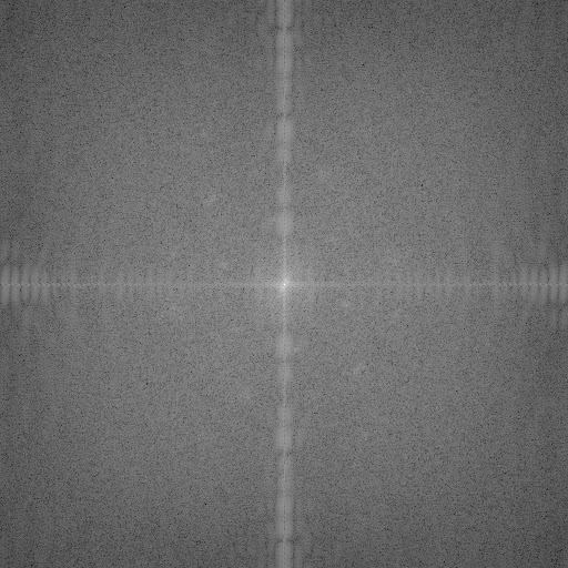 First attempt at a FFT. Only magnitude information is shown. Two hexagonal-shaped rings are barely visible. There is strong, unexplained noise along the vertical and horizontal.