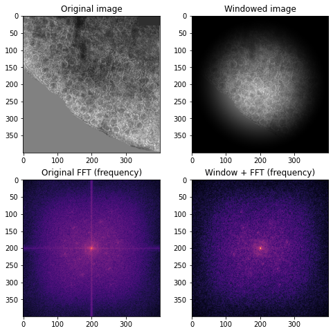 Right: original colored image and its FFT (magma color scheme to accentuate pattern). Left: Hann windowed image and its log magnitude FFT which has no edge discontinuities.