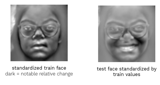 Standardized by train dataset values: train image, test image