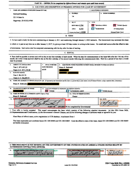 Lease PNG document image (LID07240-Lease-a_Z-1.png) with fine-tuned baseline model predictions.